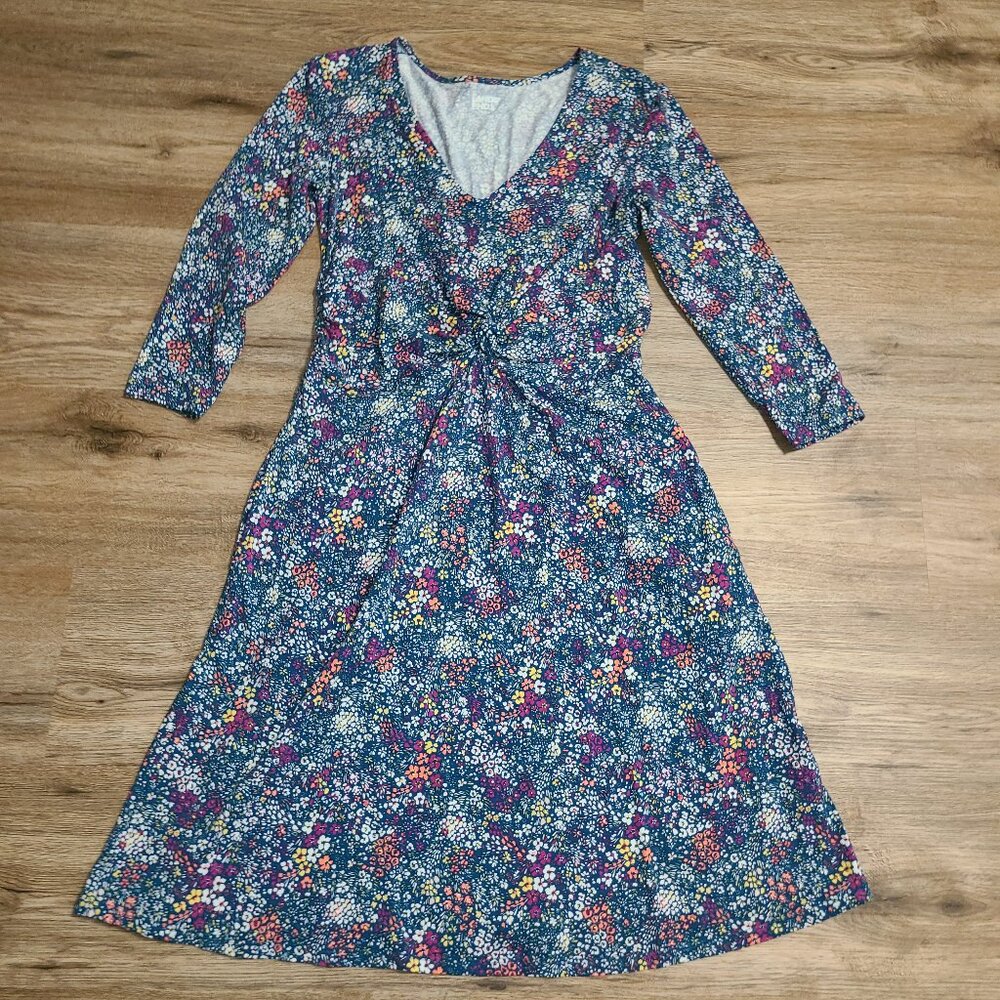 Lands' End women XS Stretch V-neck Flare Dress 3/4 sleeve Floral Scrunch Ruched